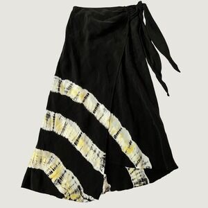R.G. Kane Wrap Midi Skirt NWOT Black Yellow Tie Dye Stripe Side Tie Small